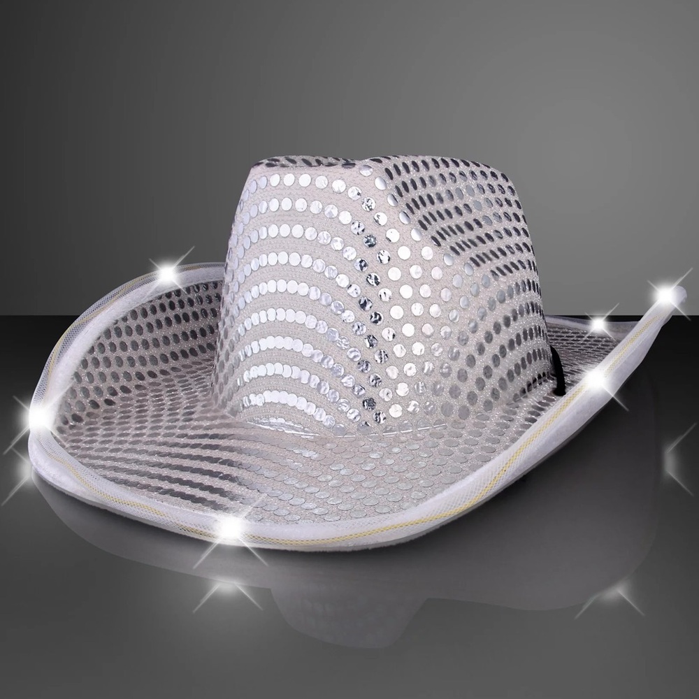 Flashing LED Lights Silver Sequin Cowboy Holiday Hat